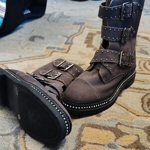 Vince Camuto Gray Studded Buckle Combat Boots